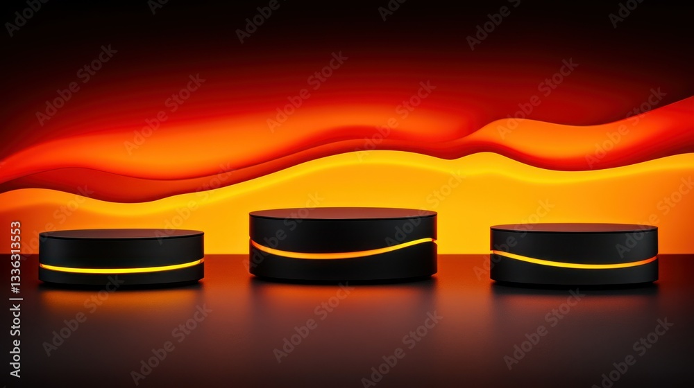 Poster three black product display platforms with golden illuminated stripes