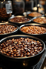 Fototapeta premium Closeup of dark roasted coffee beans in black bowls. Rich, warm tones evoke the aroma and taste of freshly brewed coffee. Perfect for coffee shop menus, websites, or packaging.