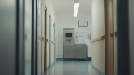 Long hospital hallway with closed doors and a medical utility station