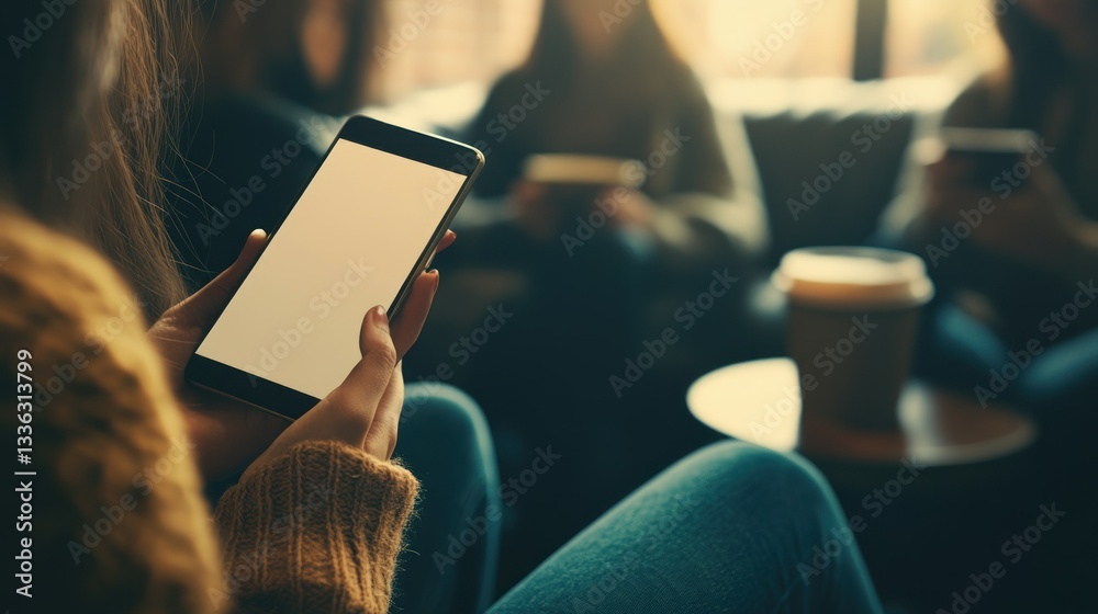 Poster a person holds a phone with a bright display in their hands