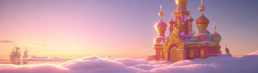 Obraz premium A whimsical castle floats above the clouds near sailing ships