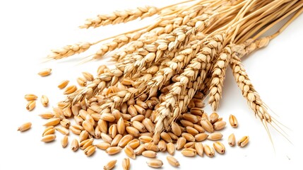 Wheat grains and wheat twigs, on a white background