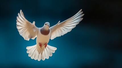 Obraz premium White dove is flying in the sky. The bird is in the air and has its wings spread out