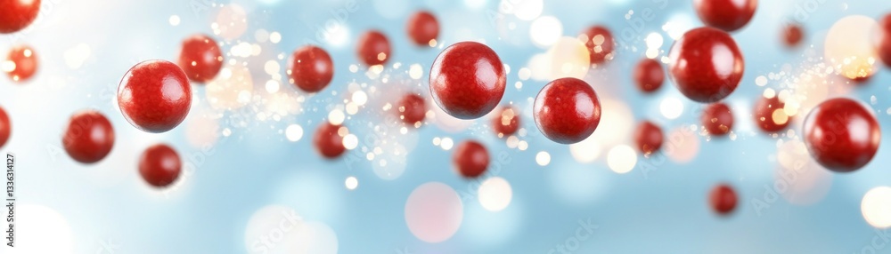 Poster many red spheres float suspended amidst sparkling lights and a blue background