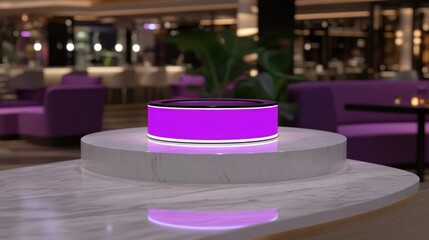 A luminous purple circular object rests atop a white pedestal