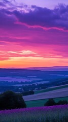 scenic fields dawn pink purple glowing sky image