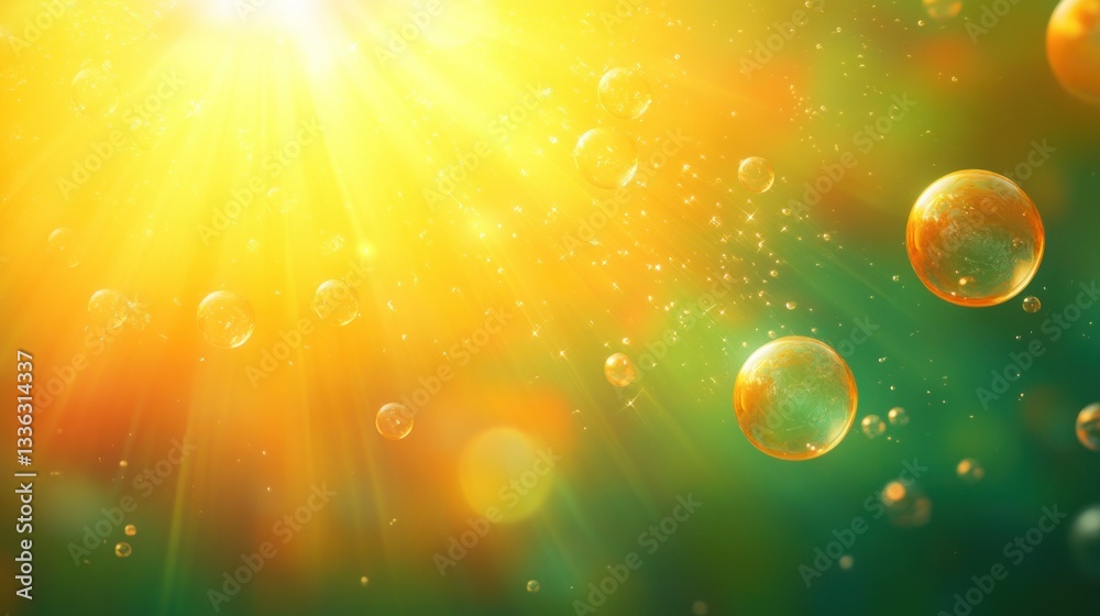 Poster glowing sunbeams shining through transparent floating bubbles in nature