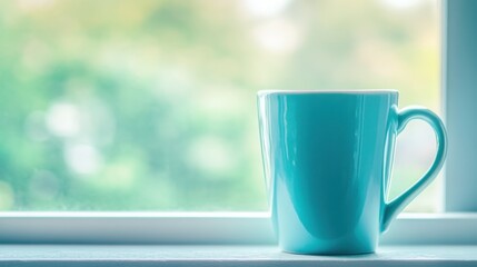 Obraz premium A Bright Blue Ceramic Mug Sits Beside A Window