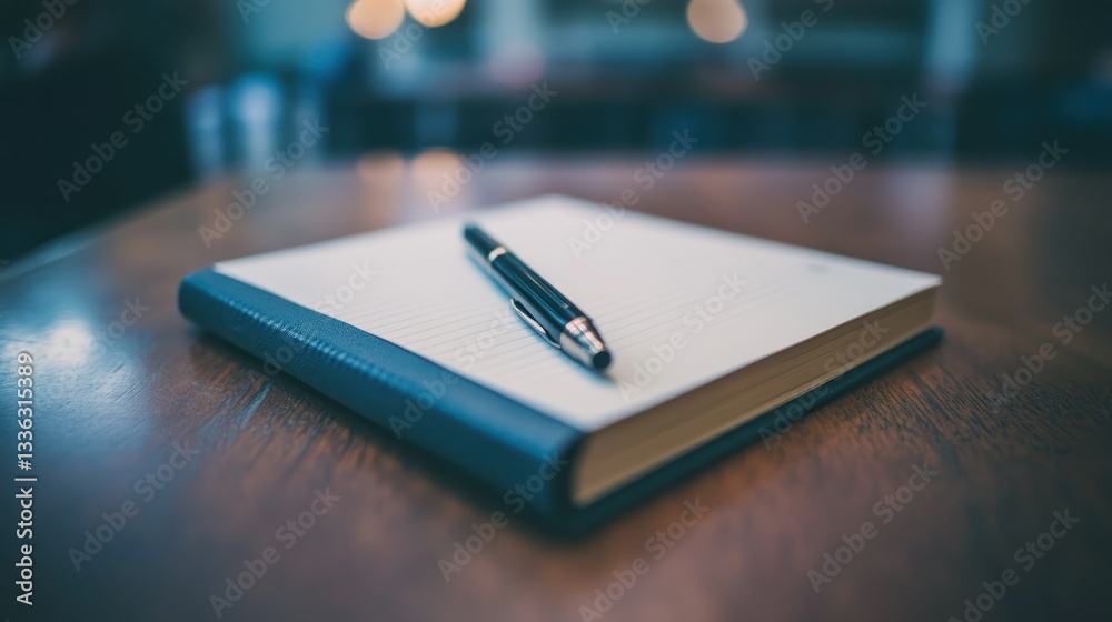 Poster a pen resting on top of a leather bound notebook