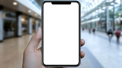 Person is holding a smartphone with a white blank screen