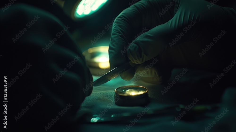 Poster Surgical hands are meticulously preparing a small circular object for a procedure