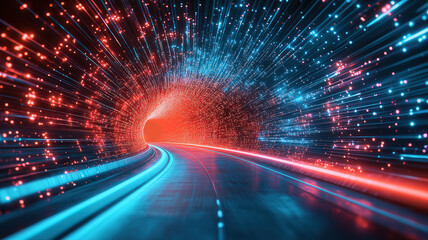 Obraz premium Abstract futuristic tunnel with flying triangles and vibrant ultraviolet neon glow