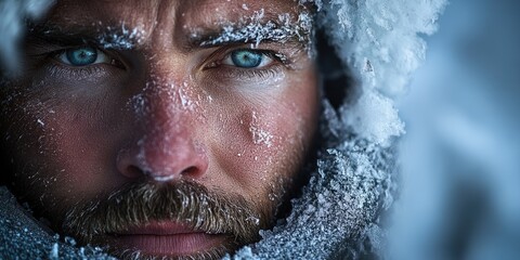 A close-up of a man's piercing eyes, covered in frost, symbolizing resilience in extreme cold. Suitable for survival, adventure, and extreme weather blogs