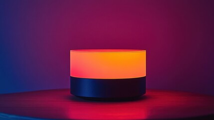 A small modern lamp emits warm light sitting on a surface