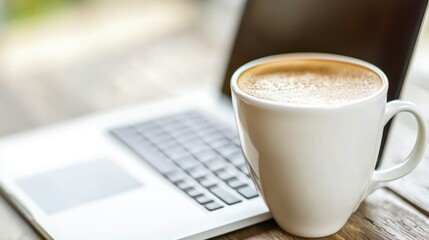 A white mug of coffee beside a laptop computer sits nearby