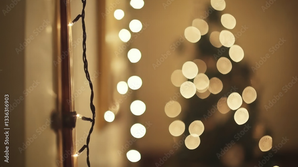 Poster blurred holiday lights with christmas tree and decorative string