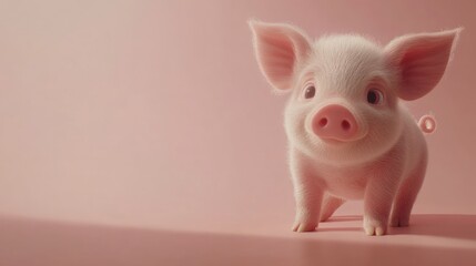 A cute pink piglet standing on a pink colored background