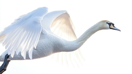 A beautiful swan gracefully flying with wings spread wide open