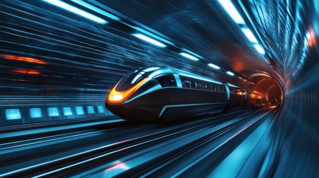 Futuristic hyperloop train hurtling through a brightly lit tunnel at high speed