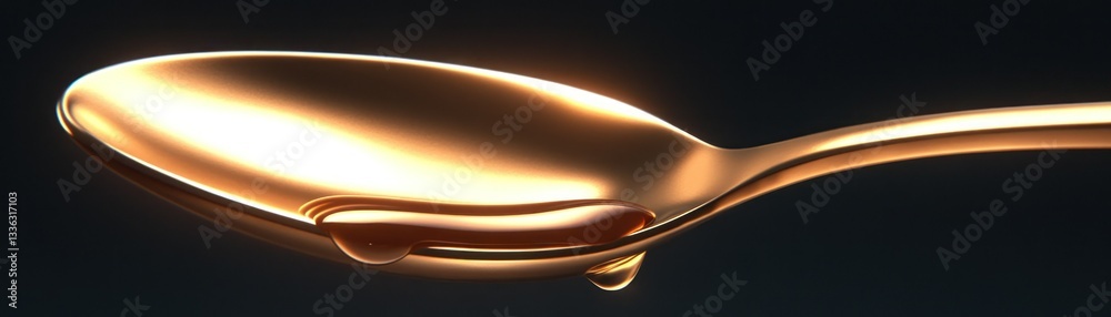 Poster an elegant golden spoon with small droplets resting on the surface