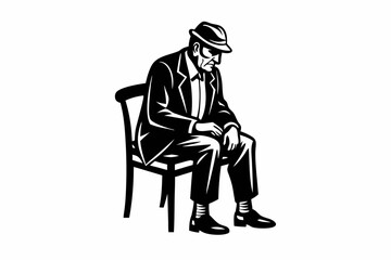 old man setting on a chair line art silhouette vector illustration