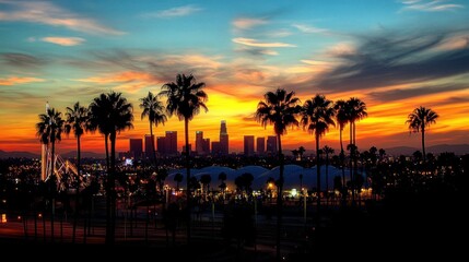 Obraz premium Spectacular Los Angeles sunset with palm trees and illuminated cityscape silhouette