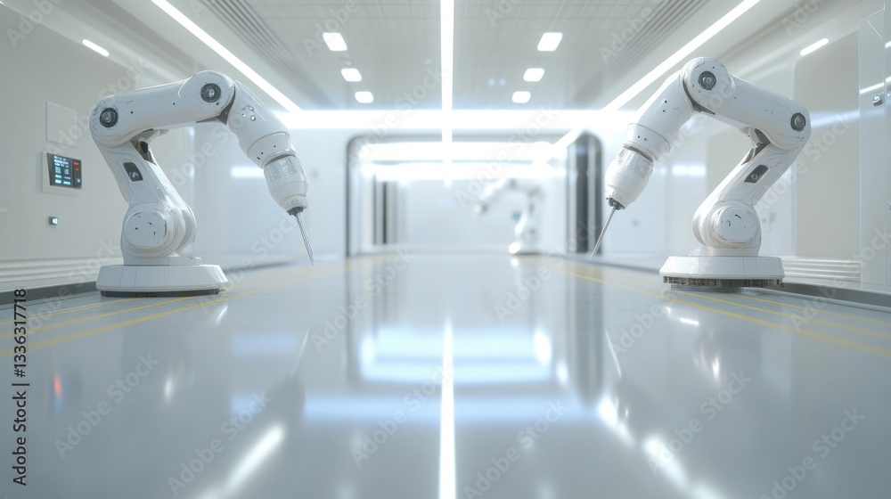 Poster two industrial robots are positioned in a white futuristic corridor