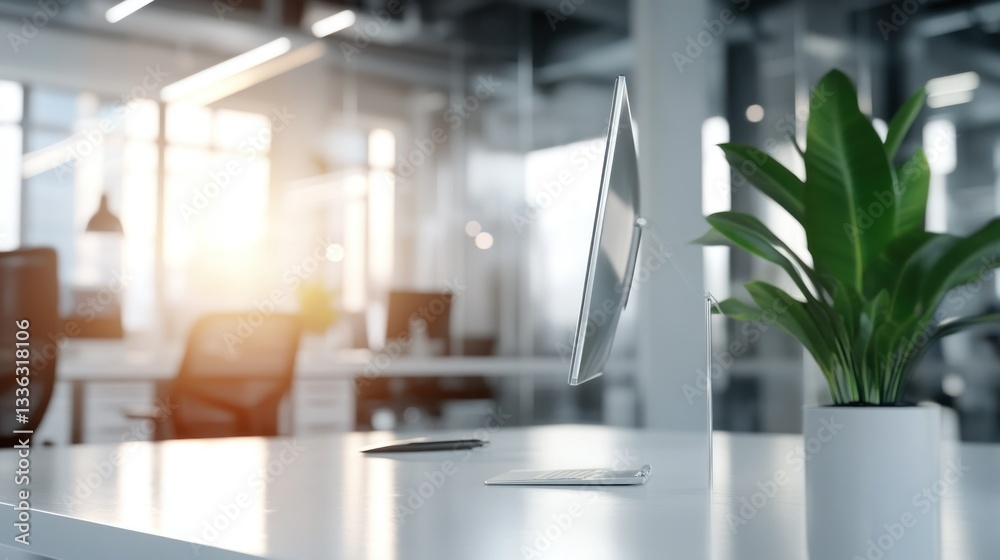 Poster a modern office desk featuring a computer display and a plant