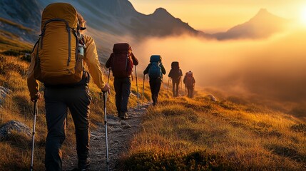 Group of hikers are walking up a mountain trail. The sun is setting, casting a warm glow over the landscape. The hikers are carrying backpacks and are walking in a line
