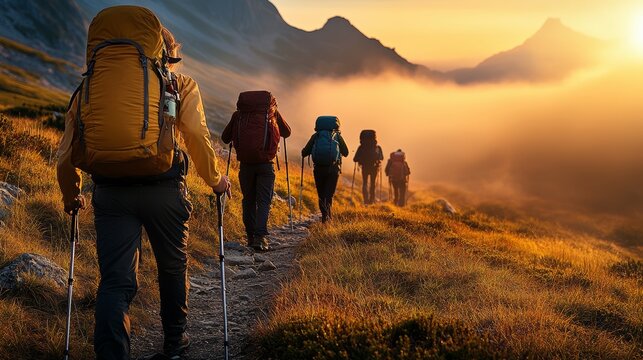 Group of hikers are walking up a mountain trail. The sun is setting, casting a warm glow over the landscape. The hikers are carrying backpacks and are walking in a line
