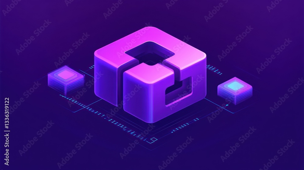 Poster Isometric rendered computer art block design within a digital background