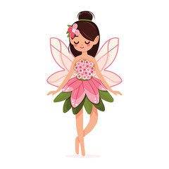 Cute and modest forest fairy with wings in a flower dress on white background. Poster, Banner, Flyer, Greeting Card. Vector illustration in flat cartoon style