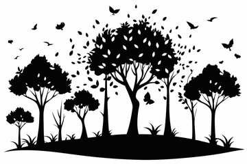 scattered trees line art silhouette vector illustration