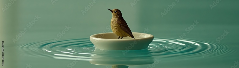 Poster a small bird stands in a shallow bowl on water creating ripples