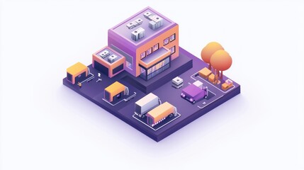 An isometric illustration of a modern factory and logistics operation