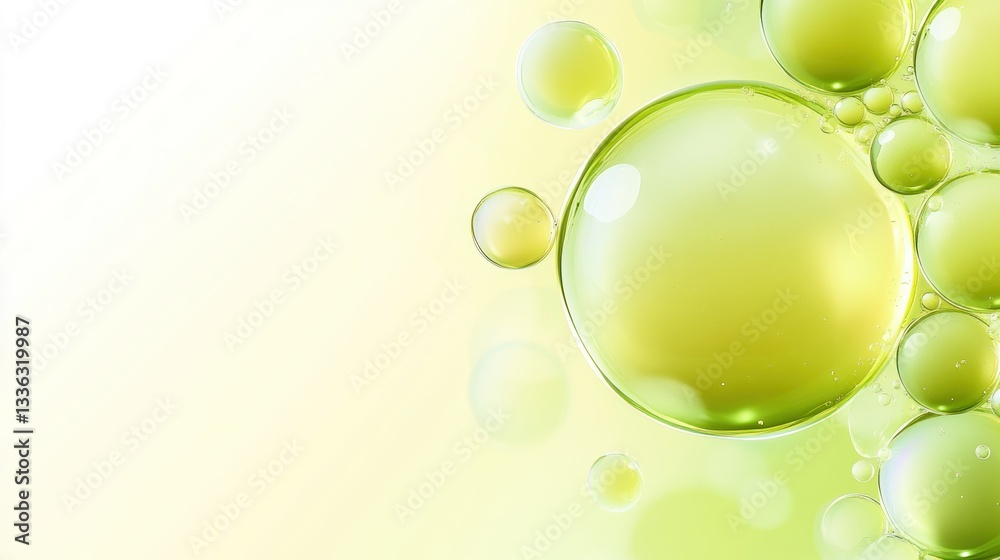 Poster green and yellow bubbles float against a soft background