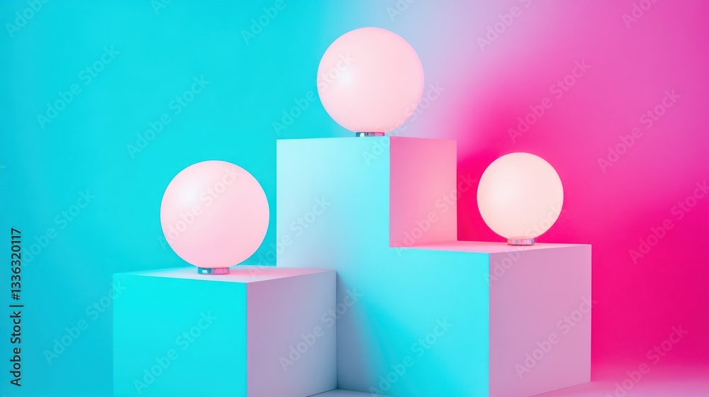 Poster pastel spherical lights illuminated above painted geometric cube structures