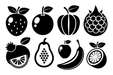 Set of fruit icons including apple, banana, cherry, grape, lemon, orange, pear, pineapple, plum, strawberry, and vegetables in silhouette style