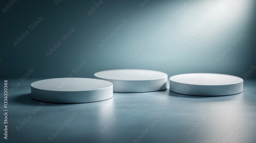 Poster Three white circular platforms in an empty illuminated studio