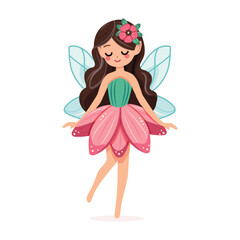Cute and modest forest fairy with wings in a flower dress on white background. Poster, Banner, Flyer, Greeting Card. Vector illustration in flat cartoon style