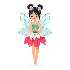 Cute and modest forest fairy with wings in a flower dress on white background. Poster, Banner, Flyer, Greeting Card. Vector illustration in flat cartoon style