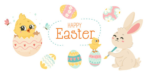 Cute Easter Bunny and Chick with Painted Eggs