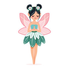 Cute and modest forest fairy with wings in a flower dress on white background. Poster, Banner, Flyer, Greeting Card. Vector illustration in flat cartoon style