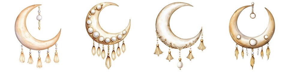 Ramadan watercolor clipart. Decorative crescent moon designs with intricate details and hanging elements on white background.