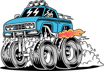 Cartoon monster truck, blue, with oversized wheels, flame, smoke. Vector illustration © cddesign.co