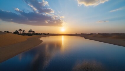 Sunset over a desert oasis lake, palm trees, sand dunes, reflecting sky