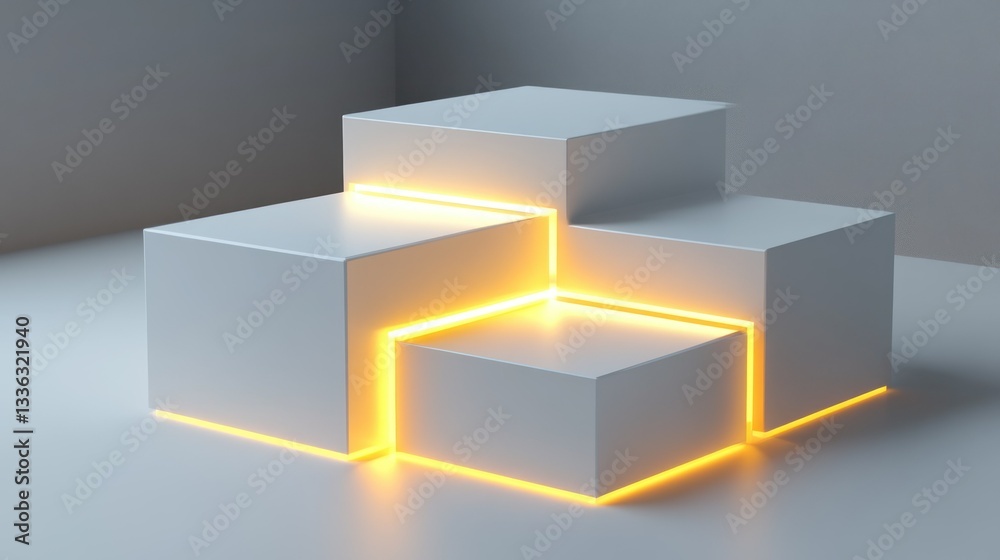 Poster Illuminated geometric cube steps arranged inside an empty space