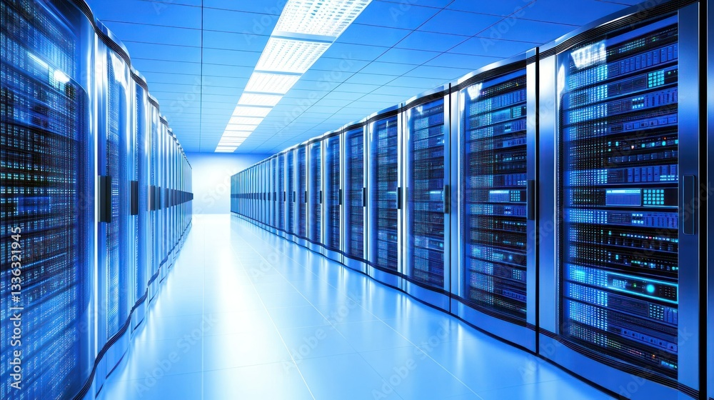 Poster Rows of computer servers inside a large modern data center