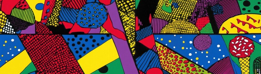 A colorful abstract composition with various geometric shaped elements