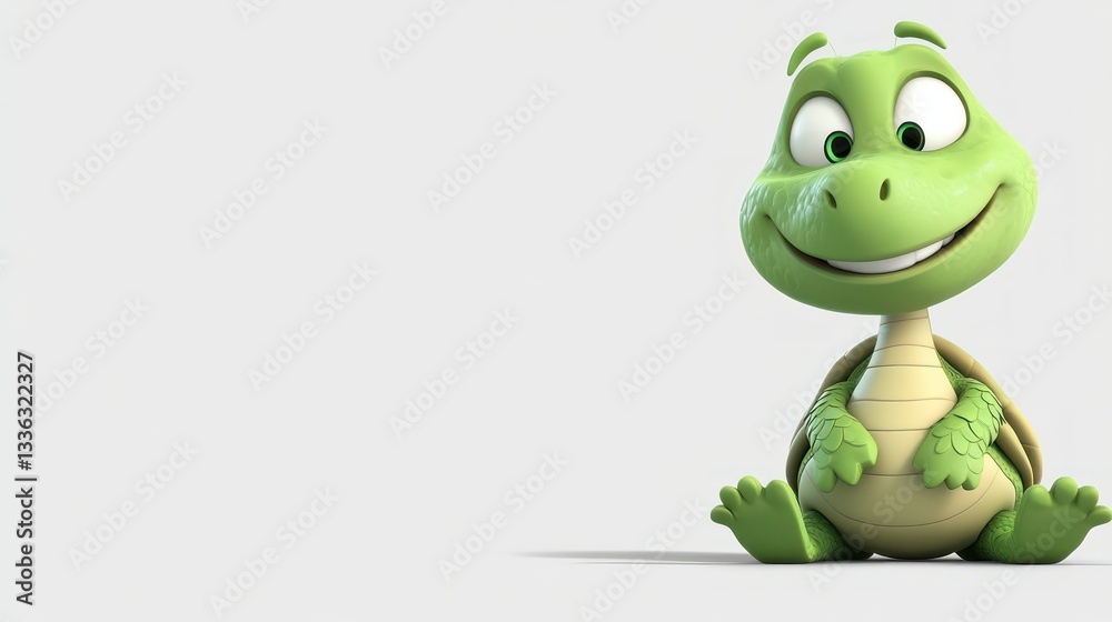 Poster a cheerful cartoon turtle smiling while sitting on the floor